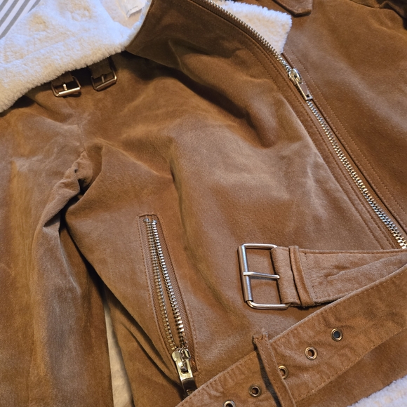 Zara Brown Double Faced Leather Suede Jacket with Cream Lining - Picture 4 of 8